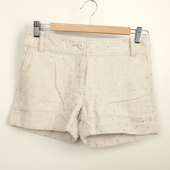 J Crew Linen Beige Gold Polka Dot Chino City Shorts Size 2 - Picture 1 of 10